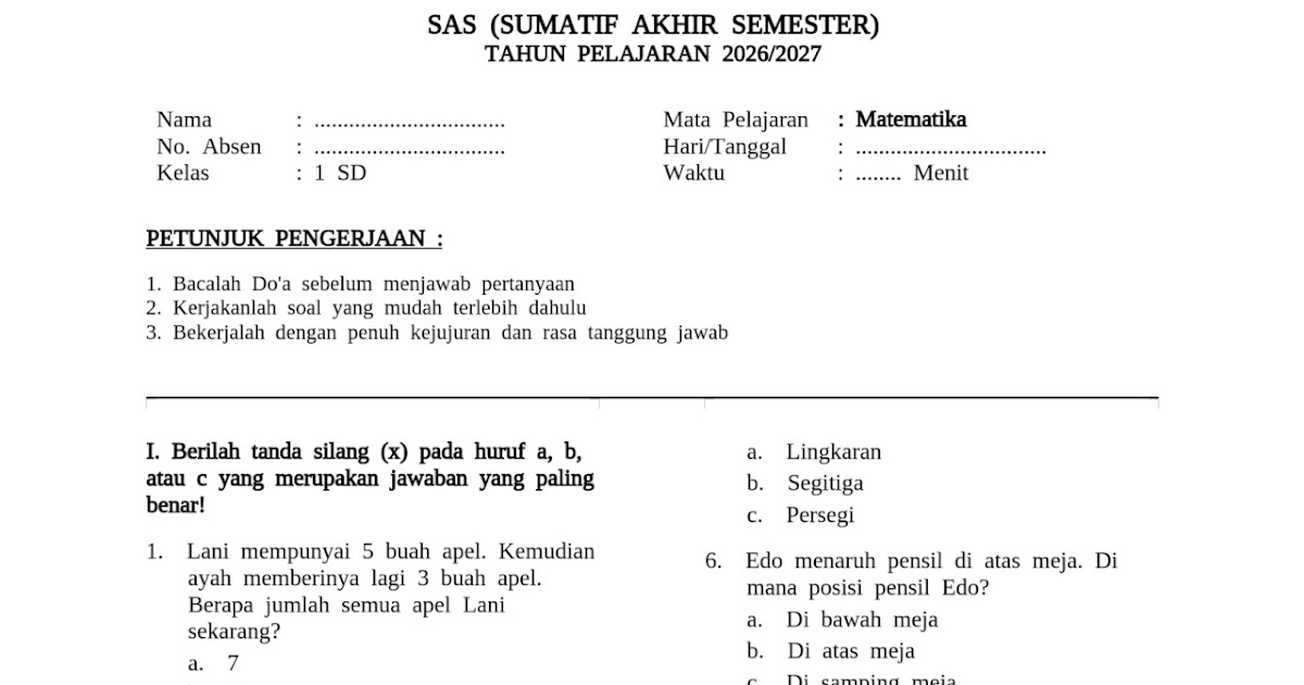 Paket 1 Soal SAS Matematika SD Kelas 1 Semester 1 dan Kunci Jawaban Paket 1 Soal SAS Matematika SD Kelas 1 Semester 1 dan Kunci Jawaban