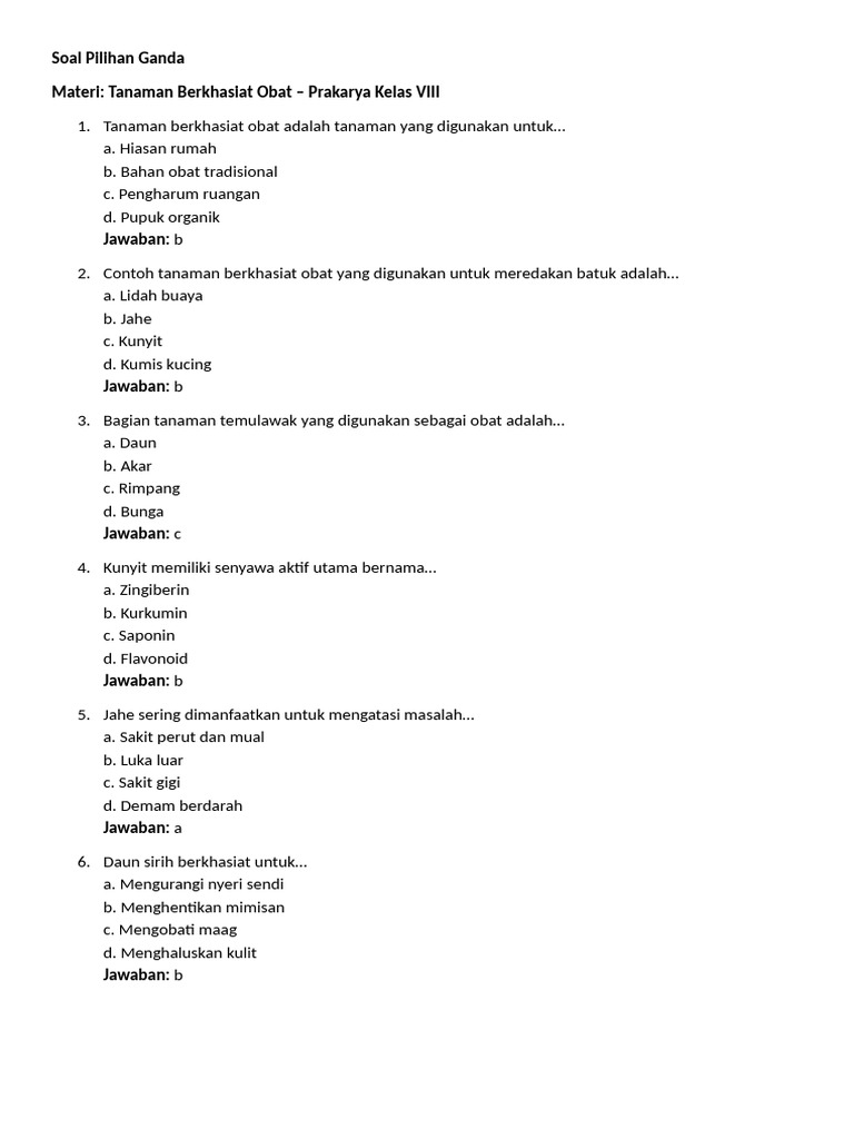 Soal Budidaya Tanaman Obat Kelas VIII PDF