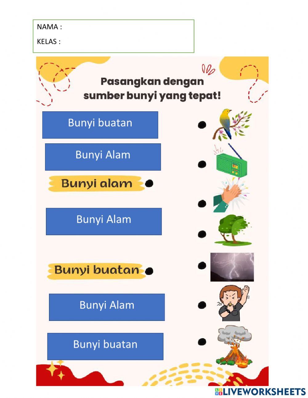 Memasangkan bunyi alam dan buatan worksheet
