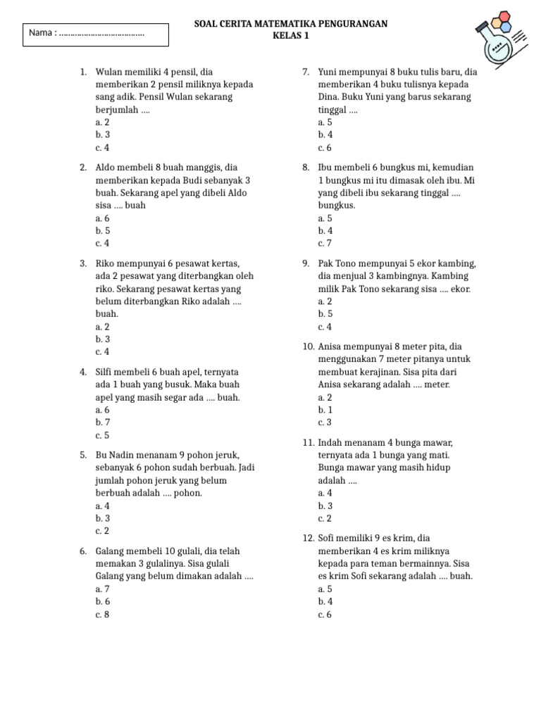 Soal Cerita Matematika Kelas 1 SD PDF Soal Cerita Matematika Kelas 1 SD PDF