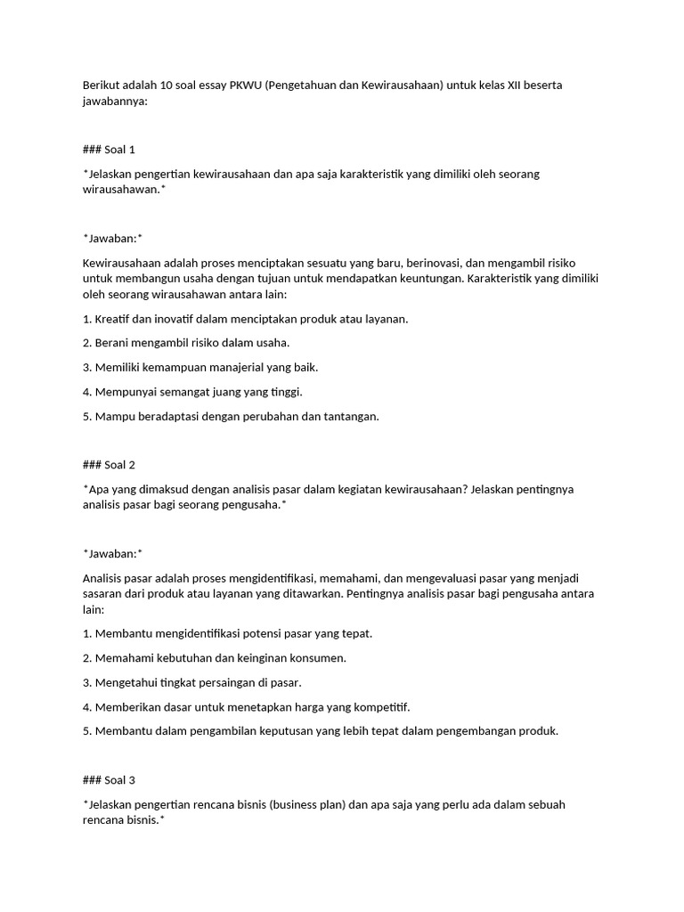 Soal Essay Kewirausahaan Kelas 12 PDF Soal Essay Kewirausahaan Kelas 12 PDF