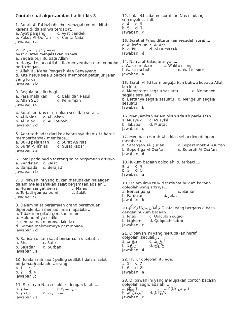 Soal Al-Qur an dan Hadist Kelas 3 PDF