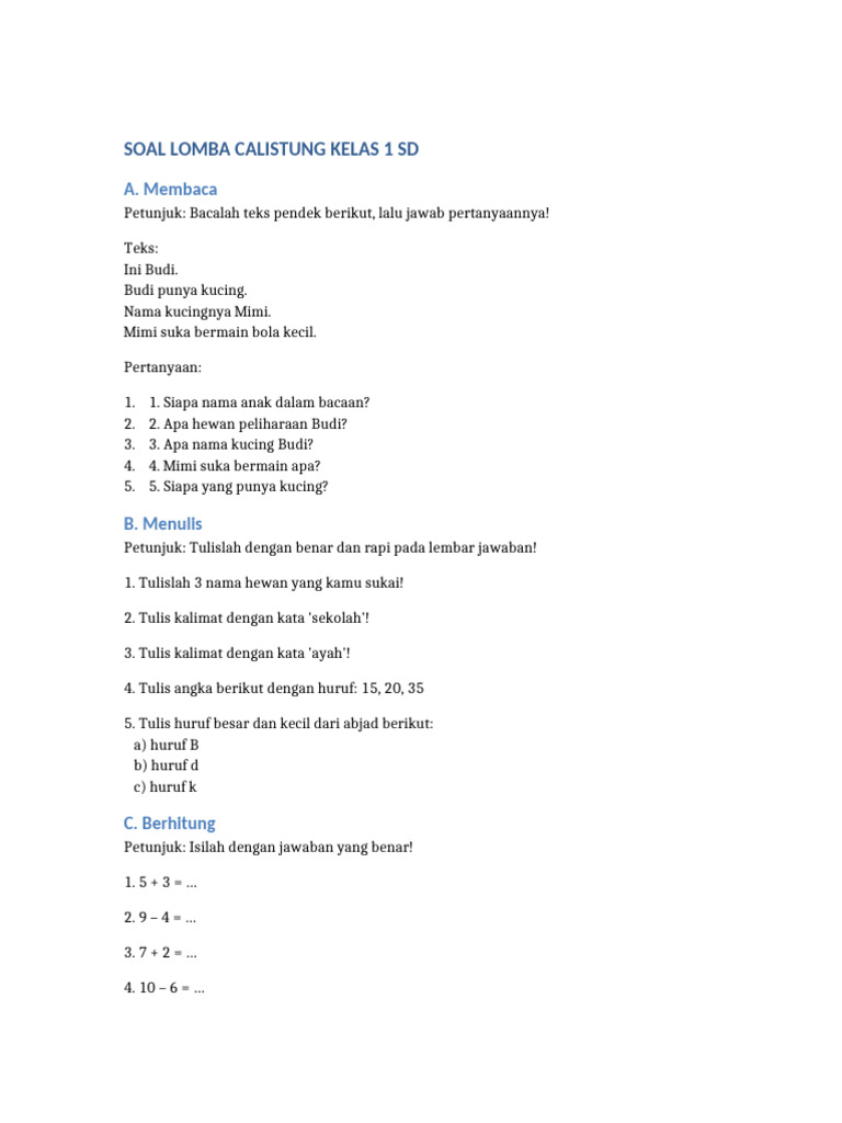 Soal Calistung Kelas 1 Tahap 2 PDF Soal Calistung Kelas 1 Tahap 2 PDF