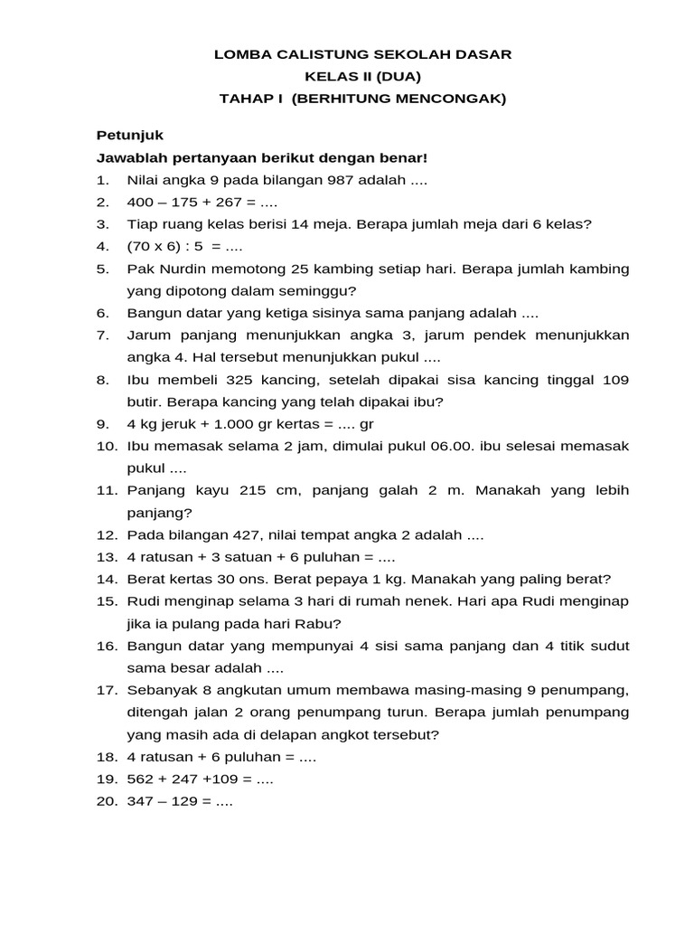 7 Contoh Soal Calistung Kelas 2 SD 2018 yang Sering Muncul di Ujian, Wajib Coba Sebelum Terlambat