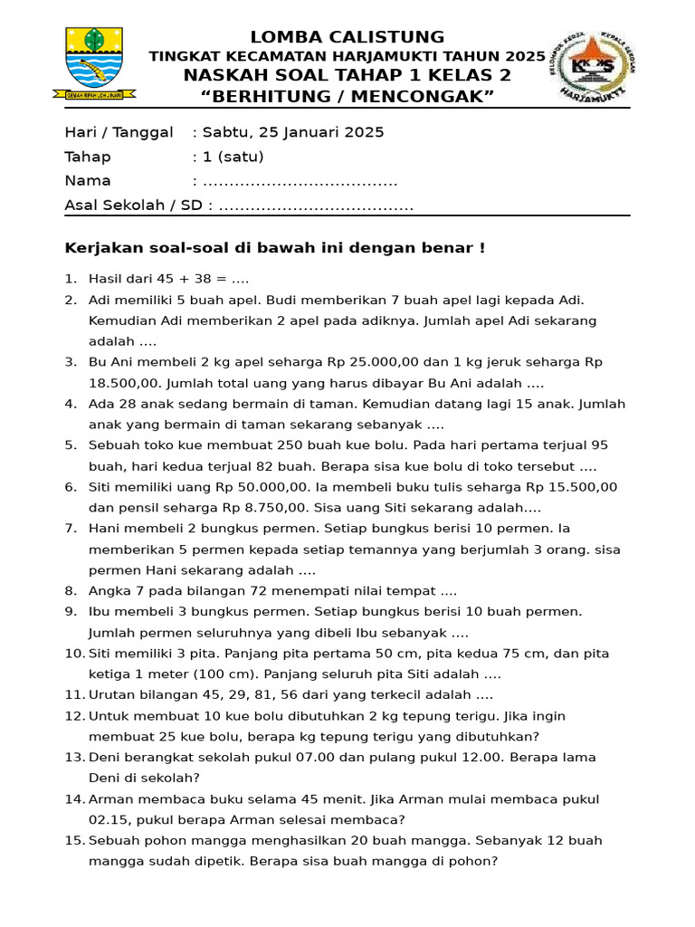 Inilah 5 Contoh Soal Calistung Kelas 2 SD Tingkat Kecamatan yang Wajib Dikuasai Anak Sebelum Terlambat