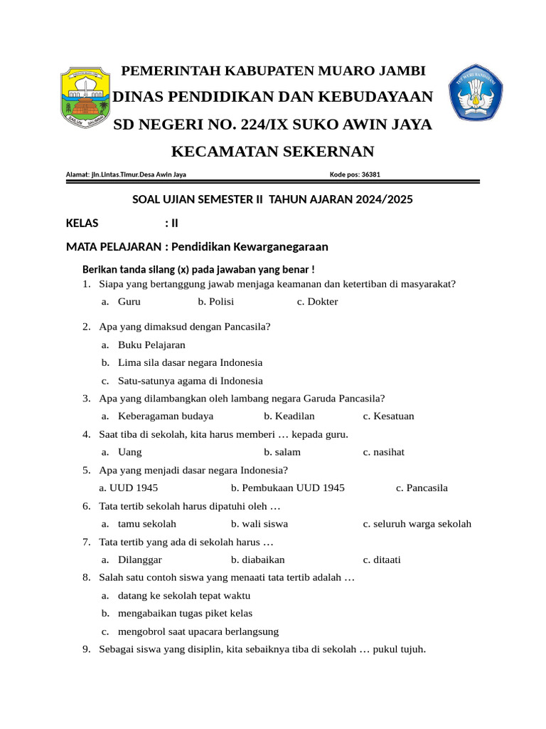 contoh soal c2 pendidikan kewarganegaraan sd kelas 2