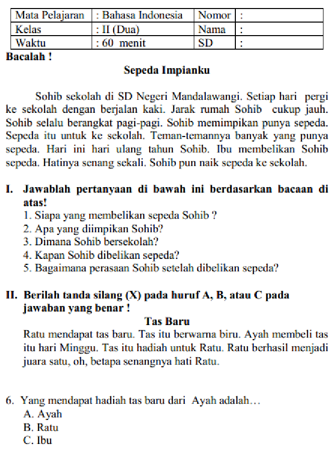 Contoh Soal Bahasa Indonesia Kelas 2 Sd - 54 Koleksi Gambar