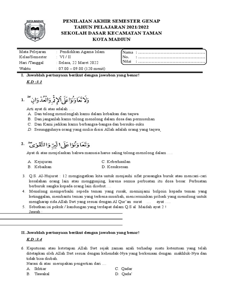 Wajib Tahu Bocoran Soal Agama Islam Kelas 6 SD Semester 2 Agar Nilai Ujian Sempurna Wajib Tahu Bocoran Soal Agama Islam Kelas 6 SD Semester 2 Agar Nilai Ujian Sempurna