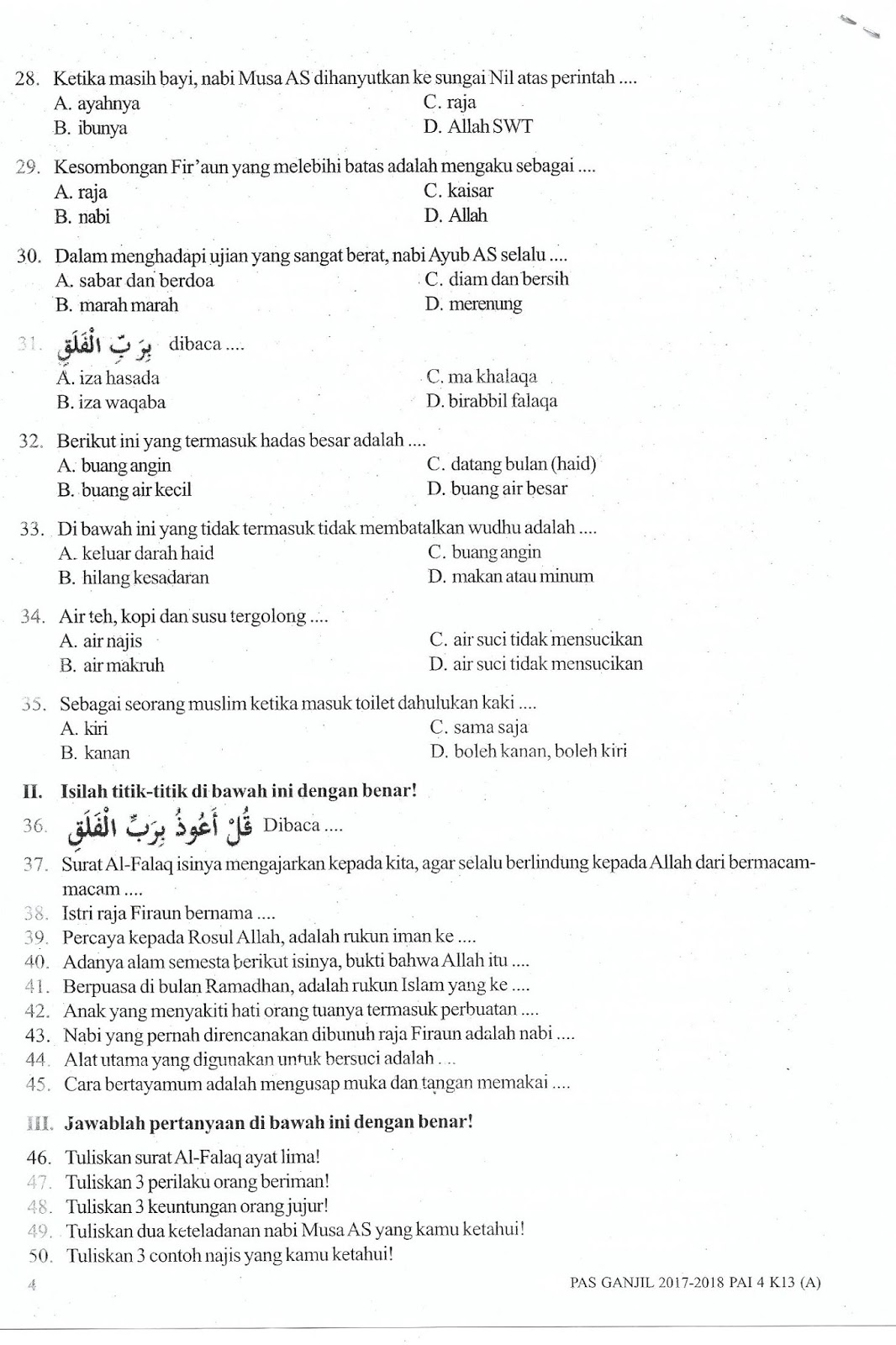 Wajib Tahu Kumpulan Soal Agama Islam Kelas 4 SD Semester 2 Kurikulum 2017 Terbaru