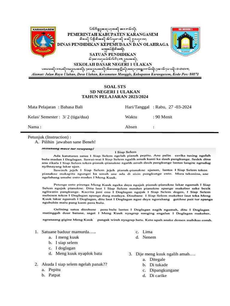 Wajib Tahu Kumpulan Soal Tematik Kelas 3 SD Tema 6 dan Contoh Soal Bahasa Bali Terbaru